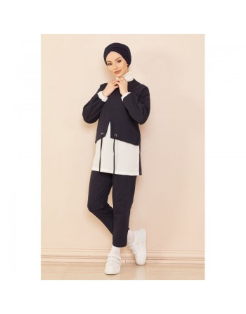 Ensemble décontracté tunique et pantalon pour femme - Couleur blanc et bleu marine 