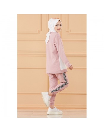 Survêtement original ample (Ensemble Décontracté et Sport pour femme musulmane) - Couleur rose poudré, noir et blanc 