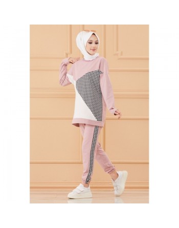 Survêtement original ample (Ensemble Décontracté et Sport pour femme musulmane) - Couleur rose poudré, noir et blanc 