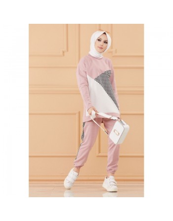 Survêtement original ample (Ensemble Décontracté et Sport pour femme musulmane) - Couleur rose poudré, noir et blanc 