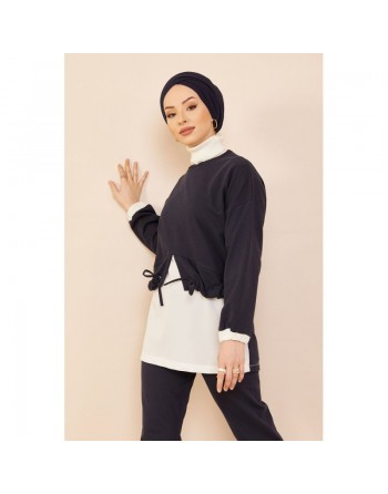 Ensemble décontracté tunique et pantalon pour femme - Couleur blanc et bleu marine 