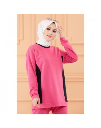 Ensemble décontracté et sport avec parties noires (Vêtement pour femme voilée et Hijab) - Couleur rose fuchsia 