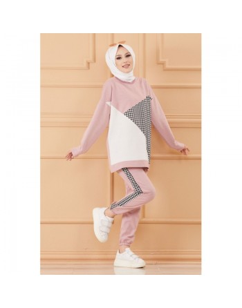 Survêtement original ample (Ensemble Décontracté et Sport pour femme musulmane) - Couleur rose poudré, noir et blanc 