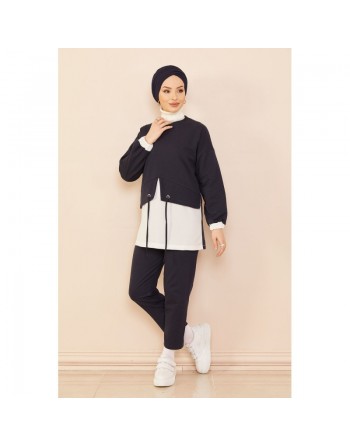 Ensemble décontracté tunique et pantalon pour femme - Couleur blanc et bleu marine 