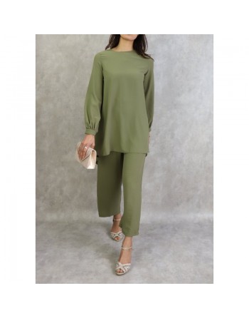 Ensemble casual deux pièces (tunique et pantalon) pour femme - Couleur Kaki 
