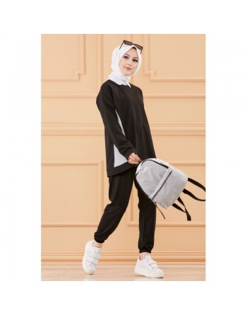 Ensemble décontracté et sport avec parties blanches (Vêtement pour femme voilée) - Couleur noir 