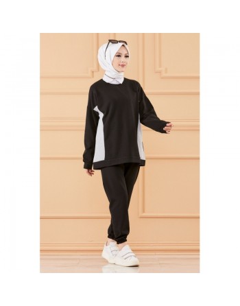 Ensemble décontracté et sport avec parties blanches (Vêtement pour femme voilée) - Couleur noir 
