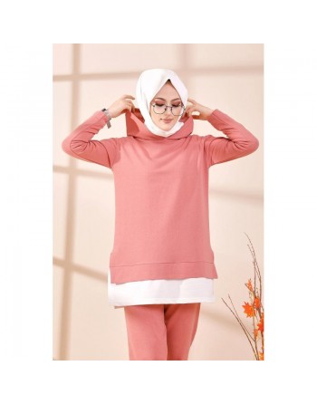 Ensemble décontracté et tenue de sport 2 pièces pour femme (Mode musulmane) - Couleur rose et blanc 