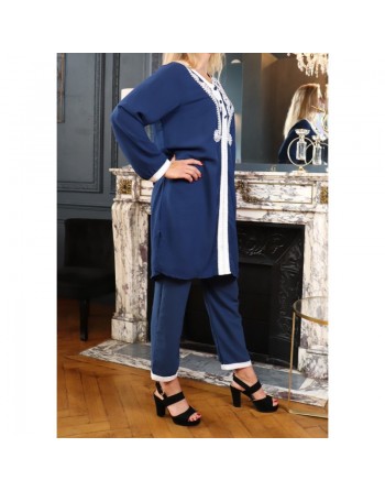 Jabador femme brodé - Ensemble 2 pièces (tunique et pantalon) - Couleur Bleu marine 