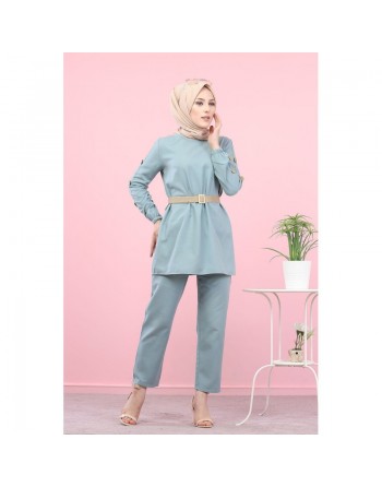 Ensemble tunique et pantalon assorti avec ceinture (Vetement pour femme voilée) - Couleur bleu chiné 