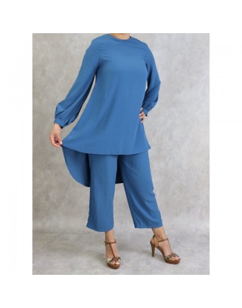 Ensemble casual deux pièces tunique et pantalon pour femme - Couleur Bleu 