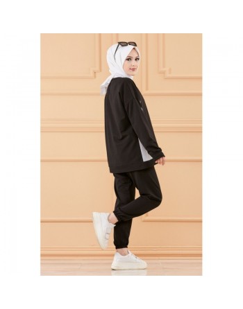 Ensemble décontracté et sport avec parties blanches (Vêtement pour femme voilée) - Couleur noir 