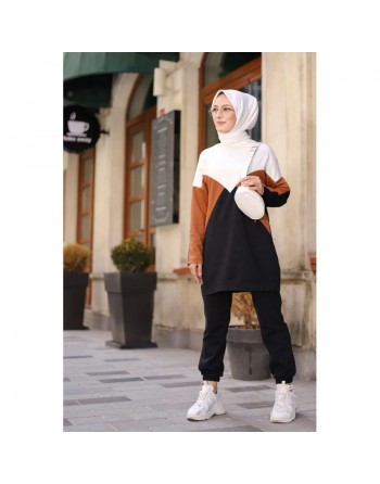 Ensemble sportwear (deux pièces pantalon et tunique tricolore) pour femme musulmane - Survêtement à 3 couleurs : camel,... 