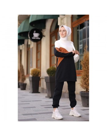 Ensemble sportwear (deux pièces pantalon et tunique tricolore) pour femme musulmane - Survêtement à 3 couleurs : camel,... 