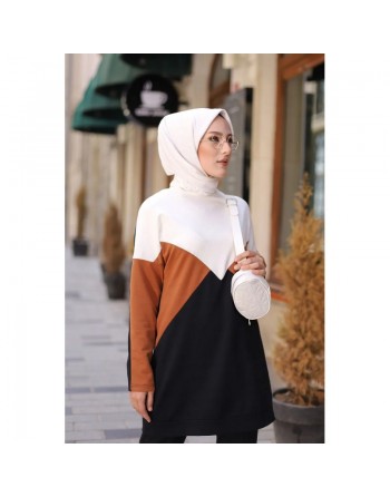 Ensemble sportwear (deux pièces pantalon et tunique tricolore) pour femme musulmane - Survêtement à 3 couleurs : camel,... 