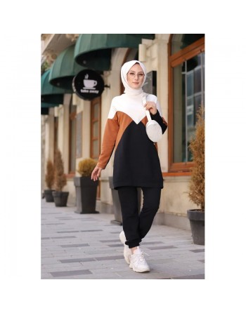 Ensemble sportwear (deux pièces pantalon et tunique tricolore) pour femme musulmane - Survêtement à 3 couleurs : camel,... 