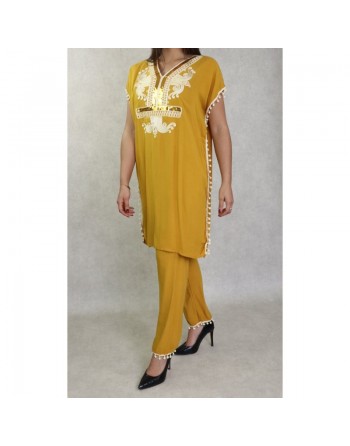 Jabador femme avec broderies - Deux pièces tunique et pantalon - Couleur moutarde 
