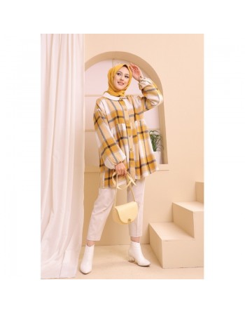 Surchemise ample à grands carreaux pour femme - Vêtement Modest Fashion Automne Hiver - Couleur moutarde 