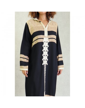 Robe longue arabe style oriental à capuche brodée avec strass pour femme - Couleur Noir 