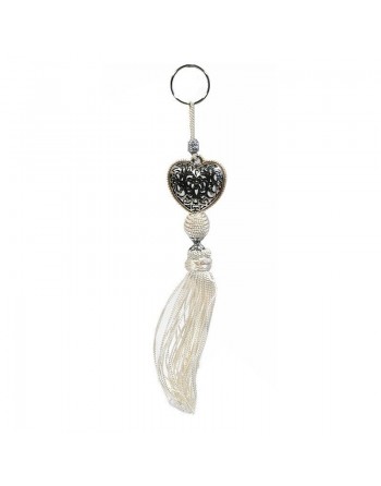 Pendentif décoratif / Porte-clés artisanal coeur en métal argenté ciselé et pompon en sabra - Blanc 