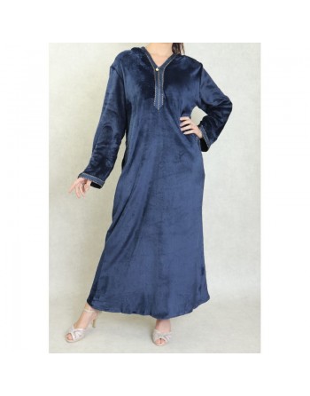Djellaba maille polaire à capuche pour femme (Saison Automne-Hiver) - Couleur Bleu marine 