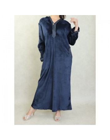 Djellaba maille polaire à capuche pour femme (Saison Automne-Hiver) - Couleur Bleu marine 
