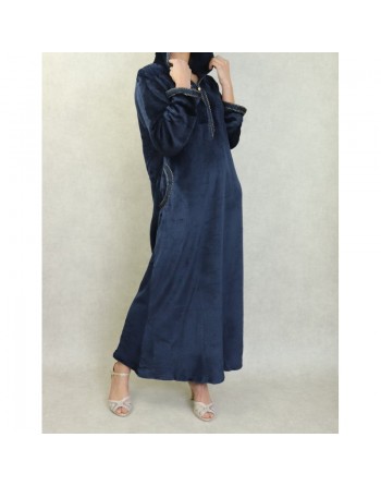 Djellaba maille polaire à capuche pour femme (Saison Automne-Hiver) - Couleur Bleu marine 