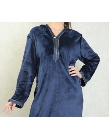 Djellaba maille polaire à capuche pour femme (Saison Automne-Hiver) - Couleur Bleu marine 