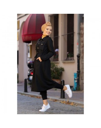 Trench-coat de ville et Robe boutonnée mi-longue pour femme - Couleur noire 