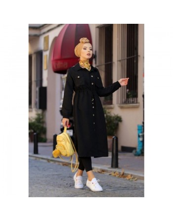 Trench-coat de ville et Robe boutonnée mi-longue pour femme - Couleur noire 