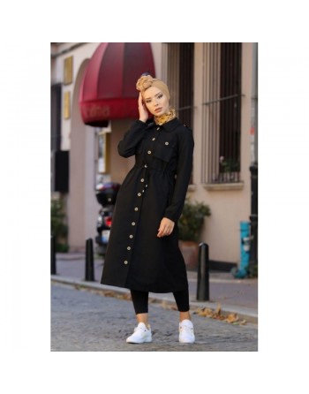 Trench-coat de ville et Robe boutonnée mi-longue pour femme - Couleur noire 