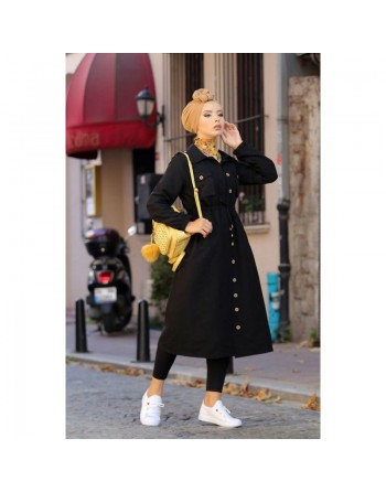Trench-coat de ville et Robe boutonnée mi-longue pour femme - Couleur noire 