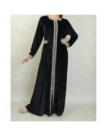 Robe longue en velours brodée fermeture zip pour femme (Automne/Hiver) - Couleur Noir 