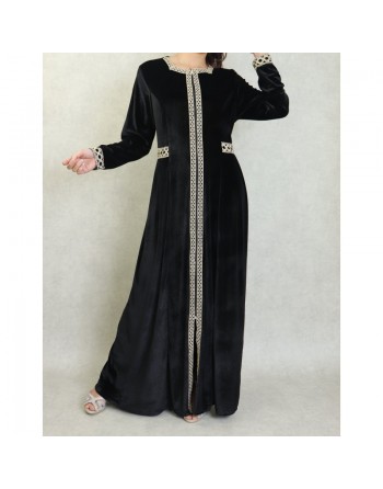 Robe longue en velours brodée fermeture zip pour femme (Automne/Hiver) - Couleur Noir 