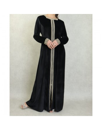 Robe longue en velours brodée fermeture zip pour femme (Automne/Hiver) - Couleur Noir 