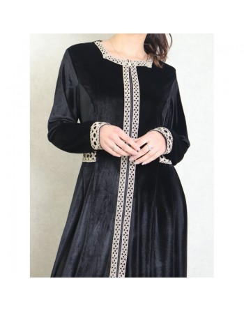 Robe longue en velours brodée fermeture zip pour femme (Automne/Hiver) - Couleur Noir 