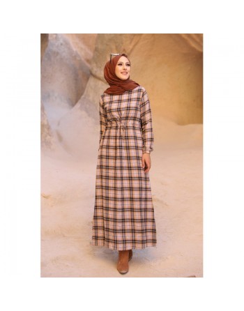 Robe à carreaux pour femme (Prêt-à-porter hijab moderne) - Couleur tabac et bleu marine 