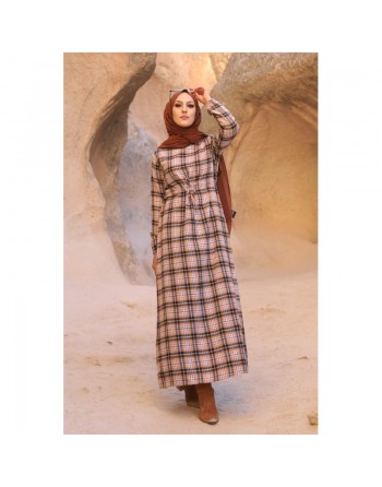 Robe à carreaux pour femme (Prêt-à-porter hijab moderne) - Couleur tabac et bleu marine 