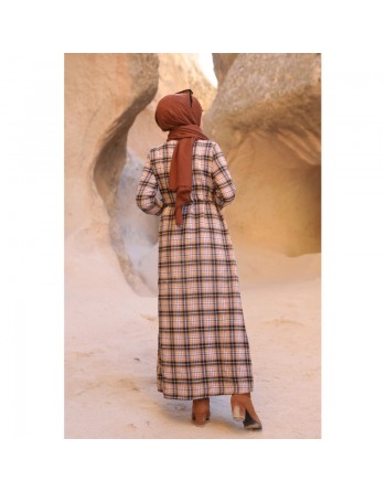 Robe à carreaux pour femme (Prêt-à-porter hijab moderne) - Couleur tabac et bleu marine 