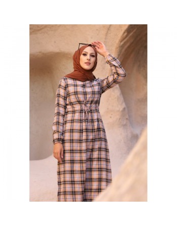 Robe à carreaux pour femme (Prêt-à-porter hijab moderne) - Couleur tabac et bleu marine 