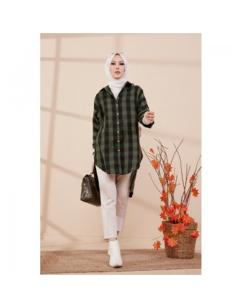 Chemise - Tunique à carreaux (Vêtement pudique pour femme) - Couleur vert foncé et noir 
