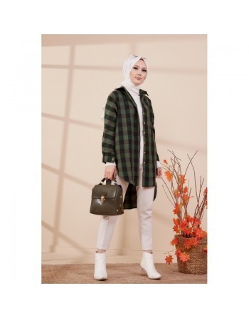 Chemise - Tunique à carreaux (Vêtement pudique pour femme) - Couleur vert foncé et noir 