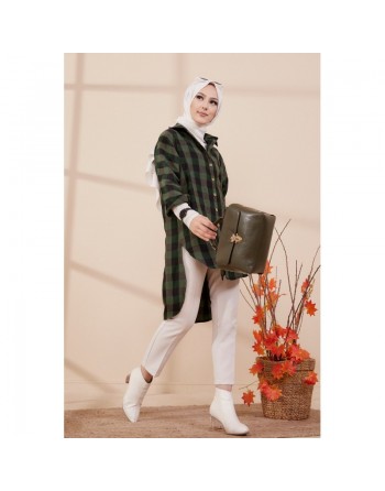 Chemise - Tunique à carreaux (Vêtement pudique pour femme) - Couleur vert foncé et noir 