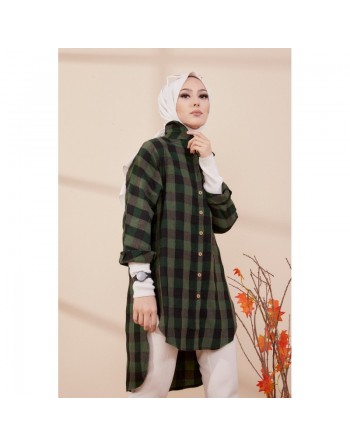 Chemise - Tunique à carreaux (Vêtement pudique pour femme) - Couleur vert foncé et noir 