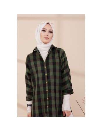 Chemise - Tunique à carreaux (Vêtement pudique pour femme) - Couleur vert foncé et noir 