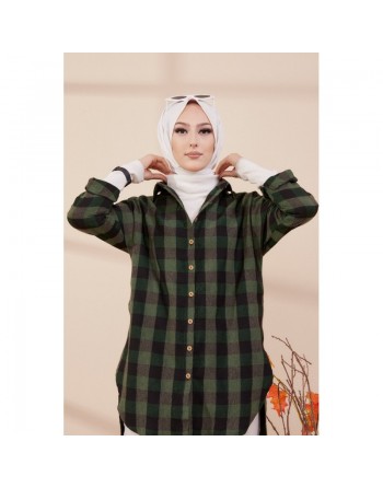 Chemise - Tunique à carreaux (Vêtement pudique pour femme) - Couleur vert foncé et noir 