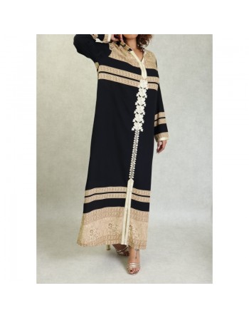Robe longue arabe style oriental à capuche brodée avec strass pour femme - Couleur Noir 