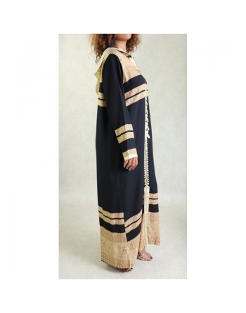 Robe longue arabe style oriental à capuche brodée avec strass pour femme - Couleur Noir 