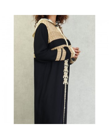 Robe longue arabe style oriental à capuche brodée avec strass pour femme - Couleur Noir 