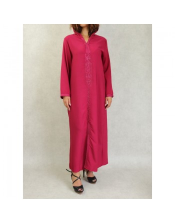 Djellaba marocaine brodée à capuche et manches longues pour femme - Couleur Framboise 